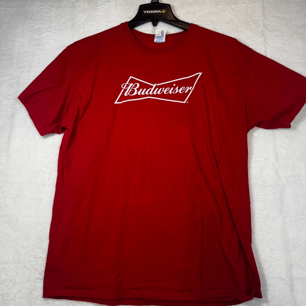 Jerzees T-Shirt Mens Size XL Red Budweiser Beer 100% Cotton Crew Neck